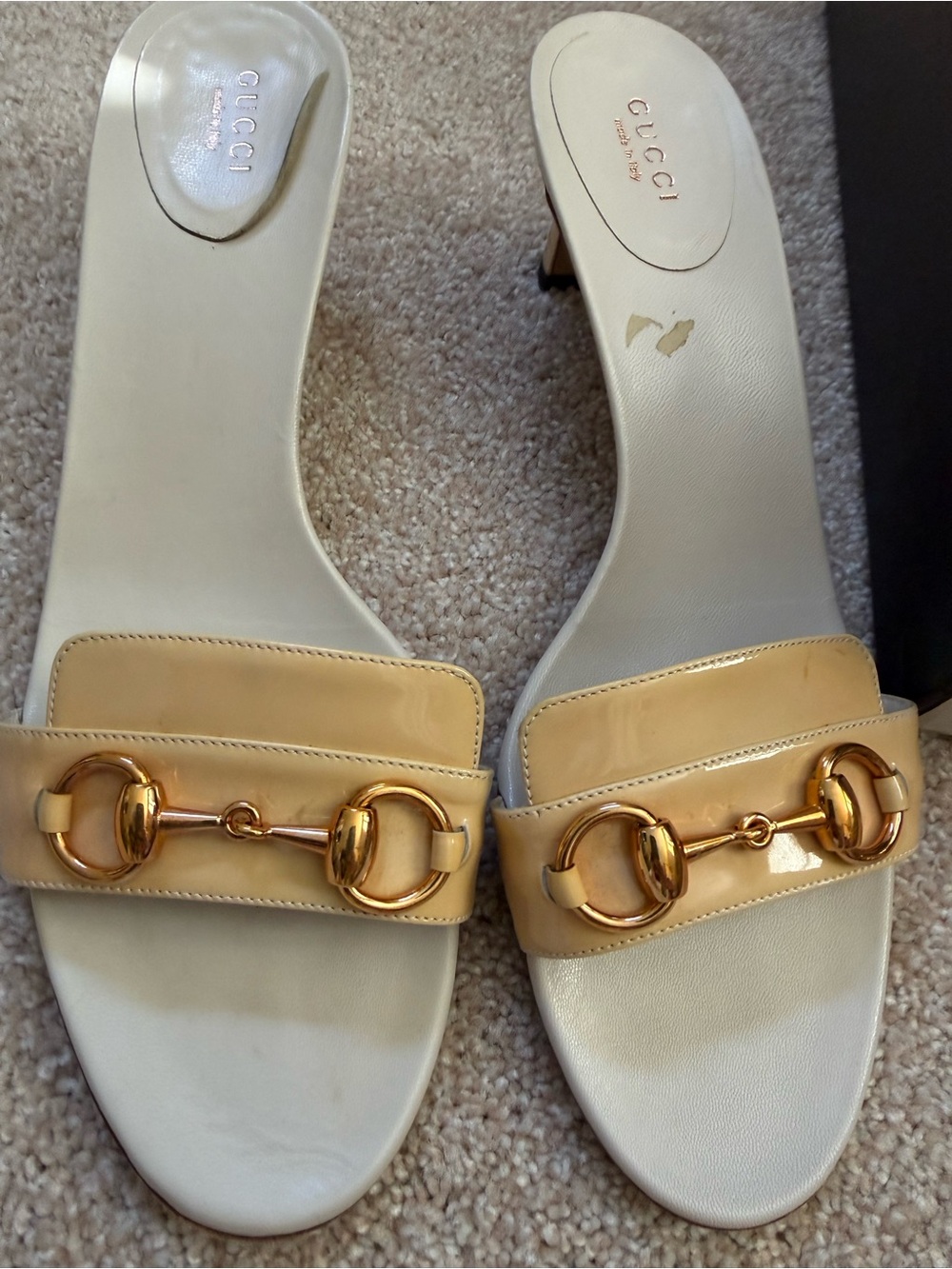 Gucci Women's ivory patent Leather Horsebit Slide Sandals